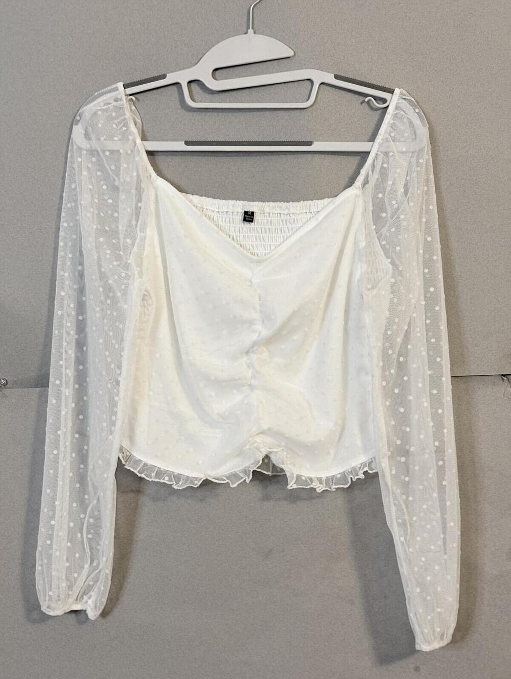 White Ruched Mesh Long Sleeve Crop Top Square Neck Top Size M